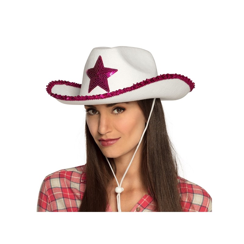 CHAPEAU WESTERN COW BOY BLANC RODEO STAR ETOILE ROSE