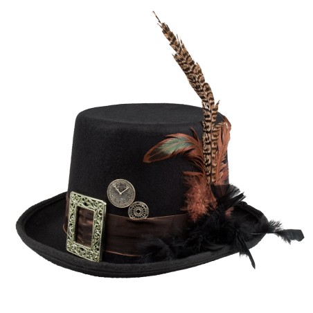 CHAPEAU HAUT DE FORME NOIR STEAMPUNK PLUMEPUNK