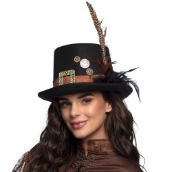 CHAPEAU HAUT DE FORME NOIR STEAMPUNK PLUMEPUNK