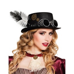 CHAPEAU HAUT DE FORME NOIR STEAMPUNK AVEC LUNETTES ET PLUMES