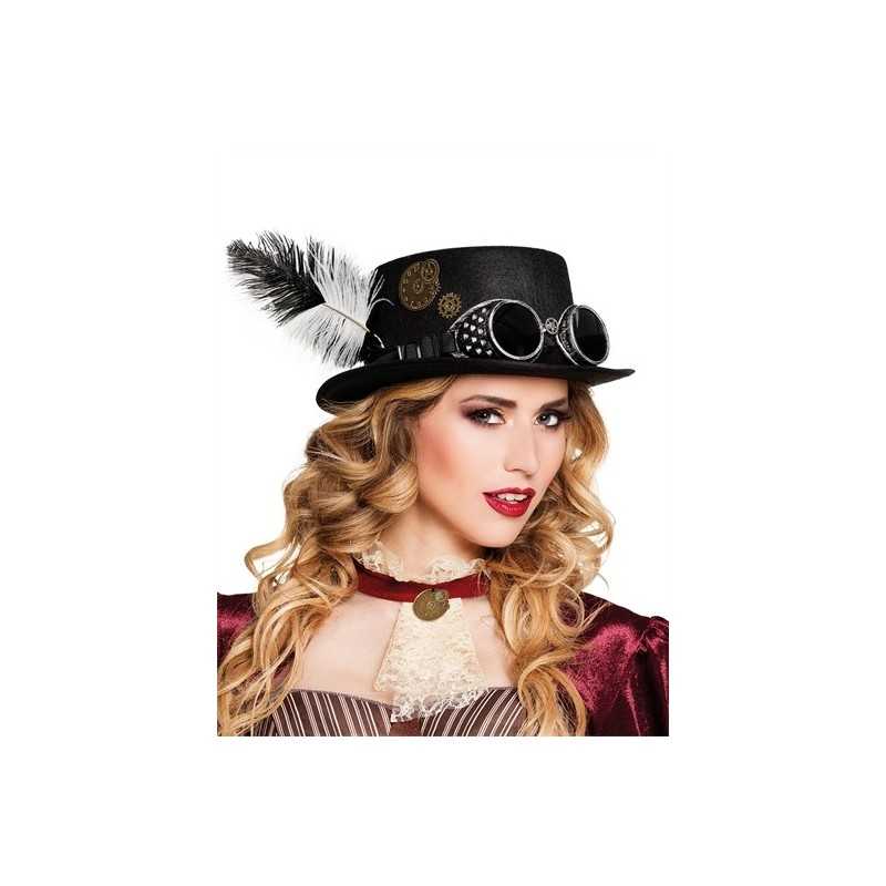 CHAPEAU HAUT DE FORME NOIR STEAMPUNK AVEC LUNETTES ET PLUMES