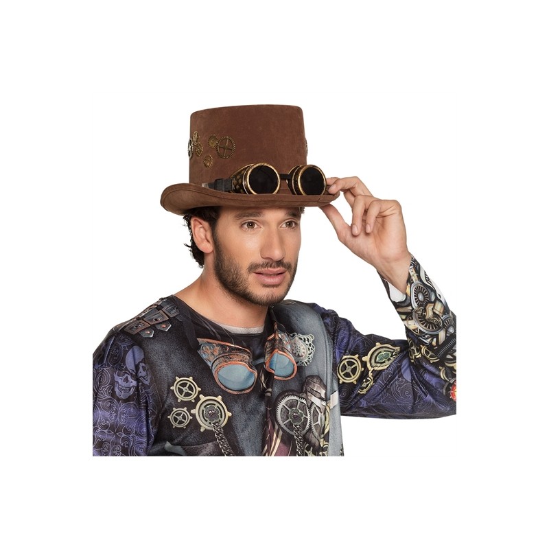 CHAPEAU HAUT DE FORME STEAMPUNK MARRON AVEC LUNETTES SIGHTPUNK