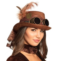 CHAPEAU HAUT DE FORME MARRON  STEAMPUNK AVEC LUNETTES SPECSPUNK