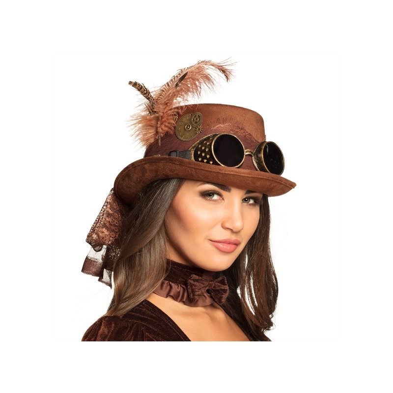 CHAPEAU HAUT DE FORME MARRON  STEAMPUNK AVEC LUNETTES SPECSPUNK