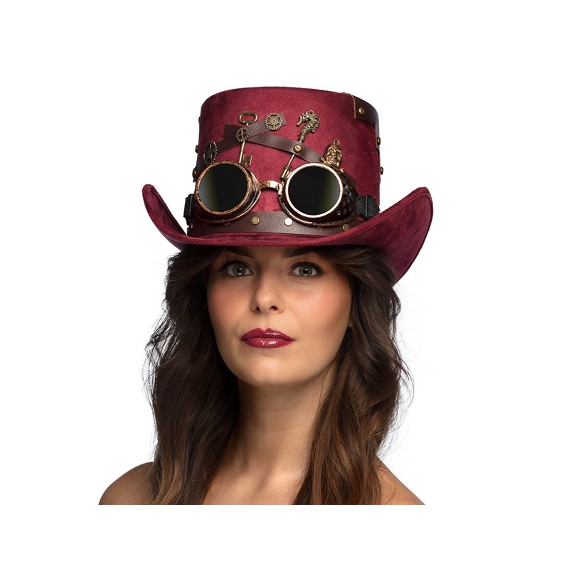 CHAPEAU HAUT DE FORME STEAMPUNK BORDEAU AVEC LUNETTES KEYPUNK