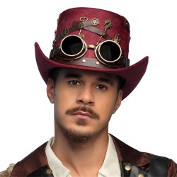 CHAPEAU HAUT DE FORME STEAMPUNK BORDEAU AVEC LUNETTES KEYPUNK