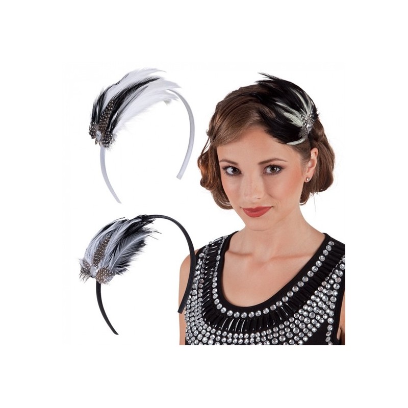 SERRE-TETE OU DIADEME CHARLESTON AVEC PLUMES ET PERLE  SERRE-TETE OU DIADEME CHARLESTON AVEC PLUMES ET PERLE