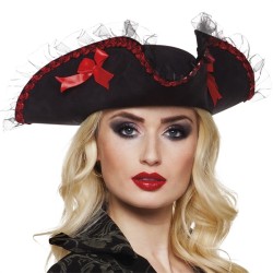 CHAPEAU PIRATE TRICORNE NOIR ET ROUGE AMIRAL RACHEL