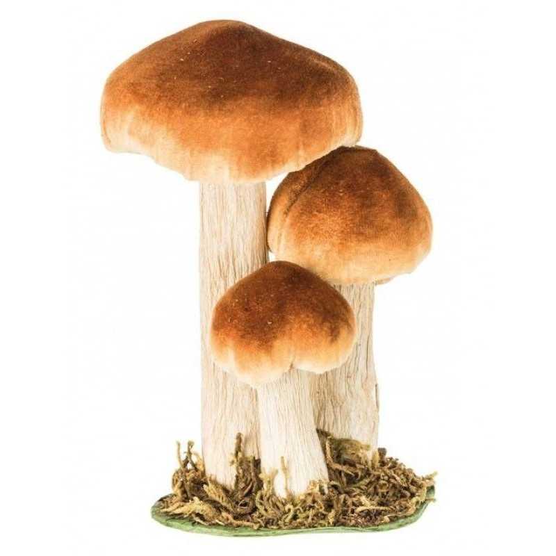 DECORATION 3 CHAMPIGNONS BRUN ORANGE SUR SOCLE EN BOIS MOUSSE 11 X 8 X 18 CM 