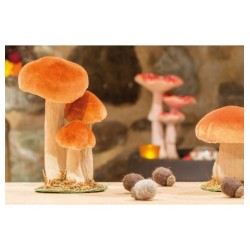 DECORATION 3 CHAMPIGNONS BRUN ORANGE SUR SOCLE EN BOIS MOUSSE  11 X 8 X  18 CM 