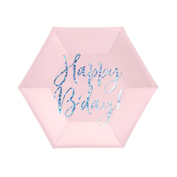 6 ASSIETTES HEXAGONALES HAPPY BRITHDAY ROSE PASTEL 20 CM