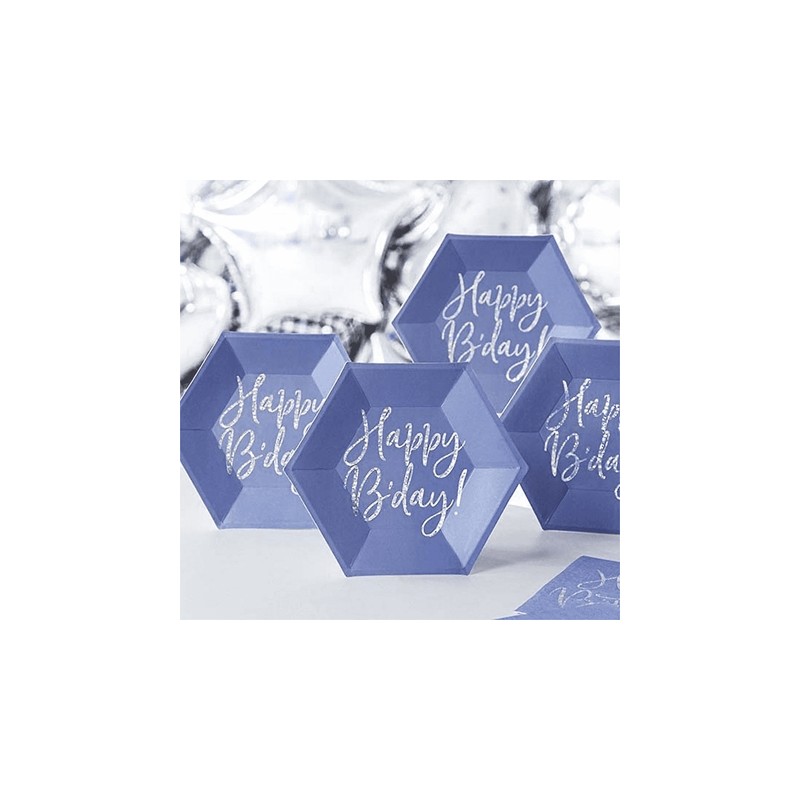 6 ASSIETTES HEXAGONALES EN CARTON BLEU HAPPY BIRTHDAY ARGENT 20 CM