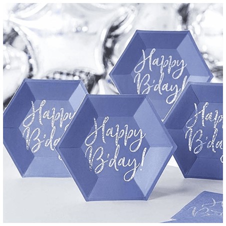 6 ASSIETTES HEXAGONALES EN CARTON BLEU HAPPY BIRTHDAY ARGENT 20 CM