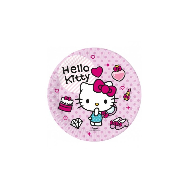 8 ASSIETTES EN CARTON COMPOSTABLE HELLO KITTY SUR FOND ROSE 23 CM