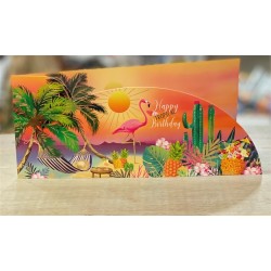 CARTE DOUBLE HAPPY TROPICAL BIRTHDAY FLAMANT  26 X 11 CM 