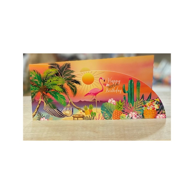 CARTE DOUBLE HAPPY TROPICAL BIRTHDAY FLAMANT  26 X 11 CM 