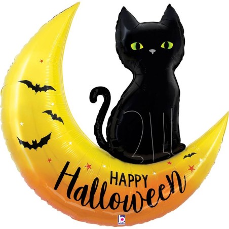 BALLON METALLIQUE HALLOWEEN CHAT SUR LUNE HAPPY HALLOWEEN 76 CM 