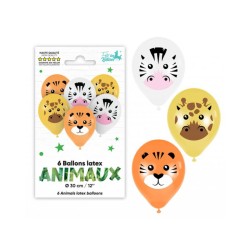 6 BALLONS LATEX ANIMAUX DE LA JUNGLE SAVANE 30 CM