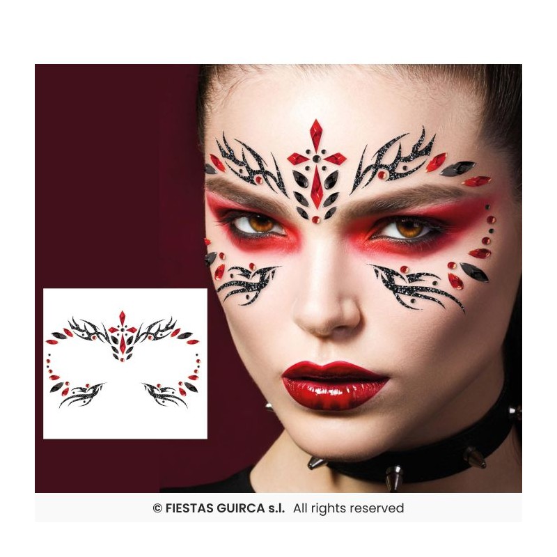 BIJOUX OU STICKER DE VISAGE STRASS GOTHIQUE NOIR ET ROUGE