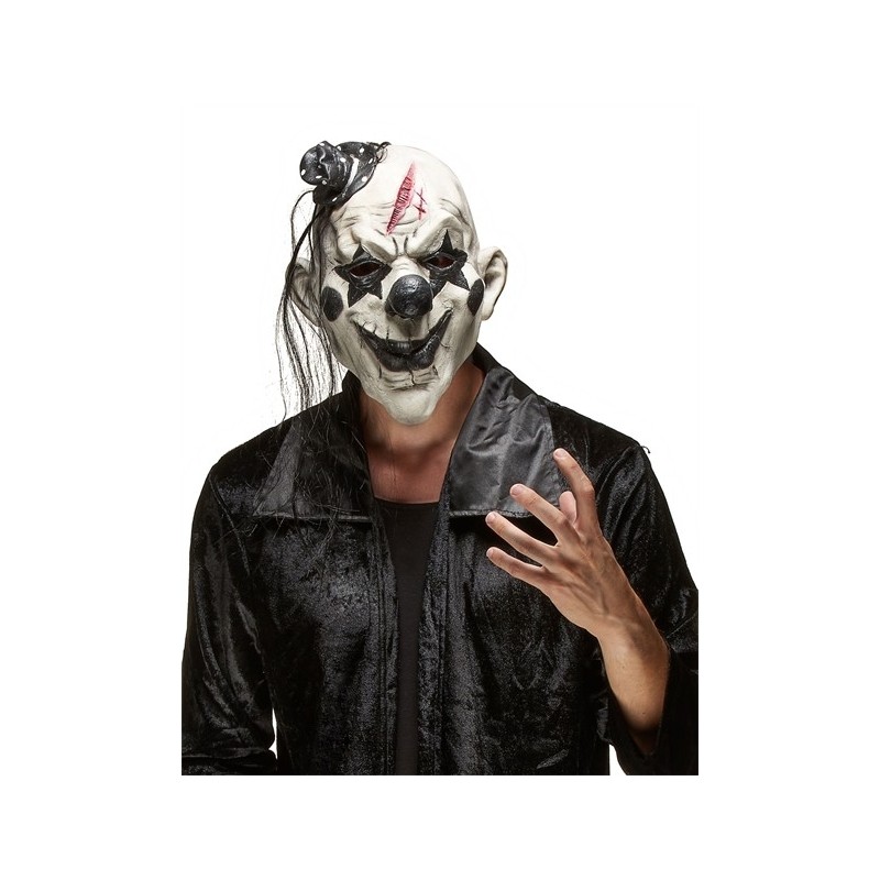 MASQUE LATEX CLOWN ROCKEUR NOIR ET BLANC PETIT CHAPEAU DE COTE