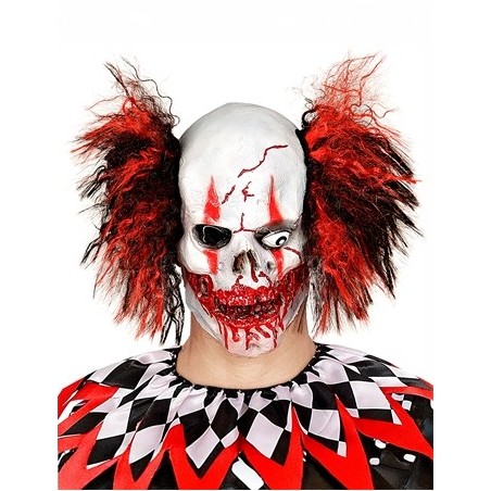 MASQUE LATEX CLOWN ROUGE SANGLANT CHEVEUX ROUGE ET NOIR