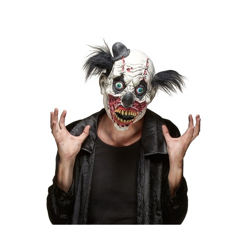 MASQUE LATEX CLOWN SANGLANT NOIR ET BLANC CHEVEUX NOIR MASQUE LATEX CLOWN SANGLANT NOIR ET BLANC CHEVEUX NOIR
