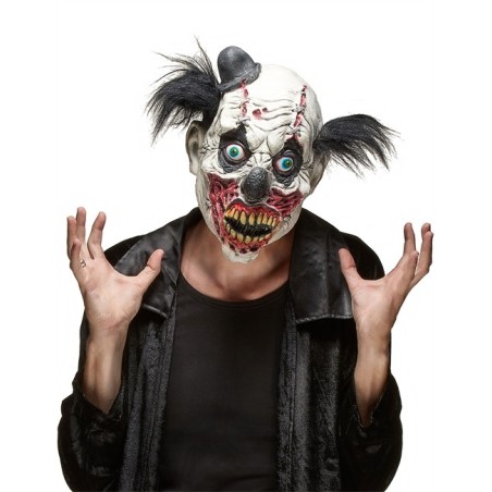 MASQUE LATEX CLOWN SANGLANT NOIR ET BLANC CHEVEUX NOIR