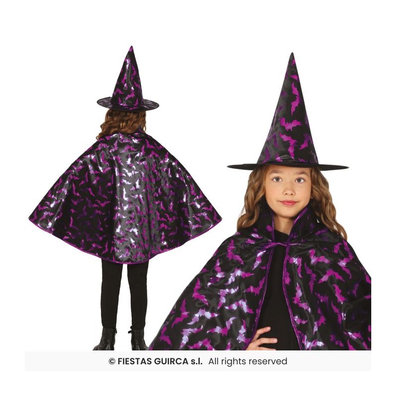 SET SORCIERE 2 PIECES CHAPEAU+CAPE NOIR ET LILAS