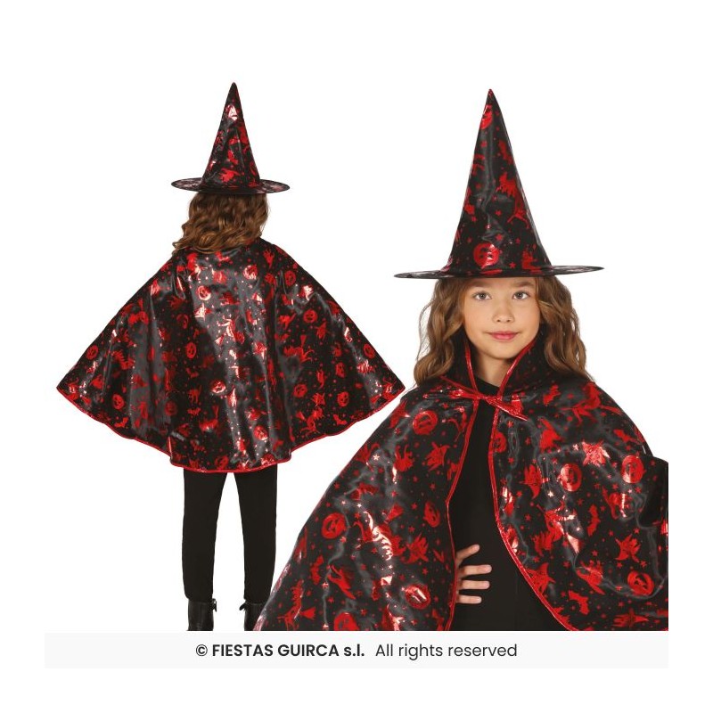 SET SORCIERE 2 PIECES CHAPEAU+CAPE NOIR ET ROUGE