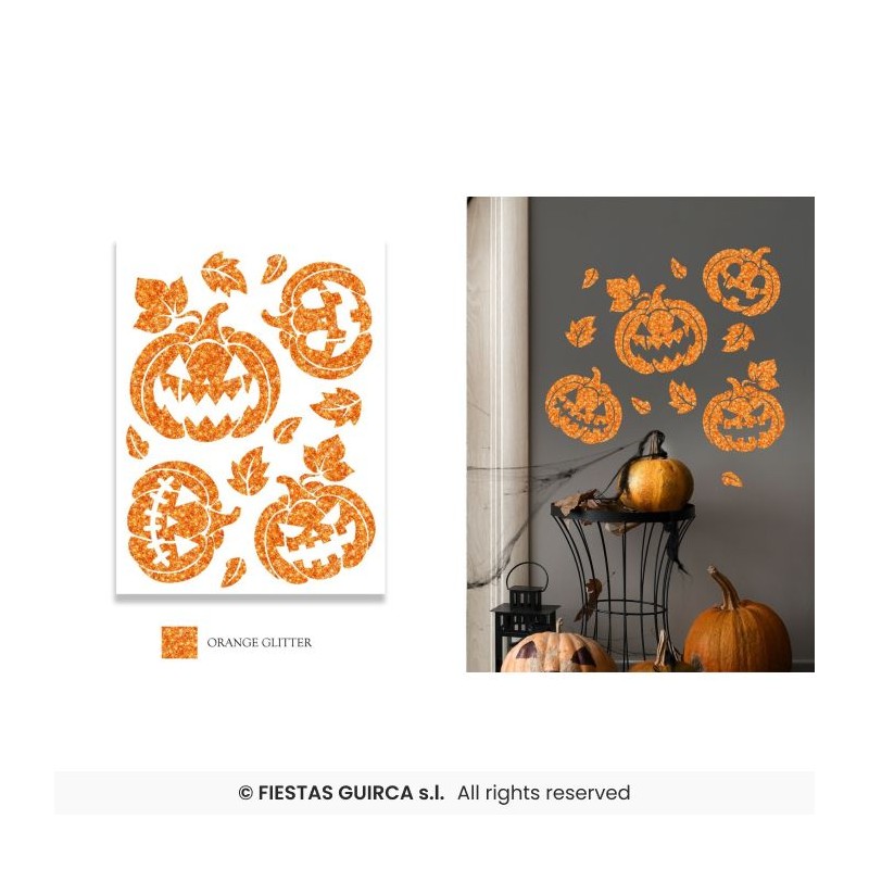 DECORATION HALLOWEEN PLANCHE AUTOCOLLANTS CITROUILLE PAILLETEE 30 X 40 CM