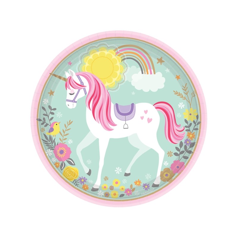 8 ASSIETTES RONDES 23 CM LICORNE PASTEL