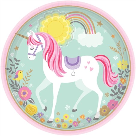 8 ASSIETTES RONDES 23 CM LICORNE PASTEL