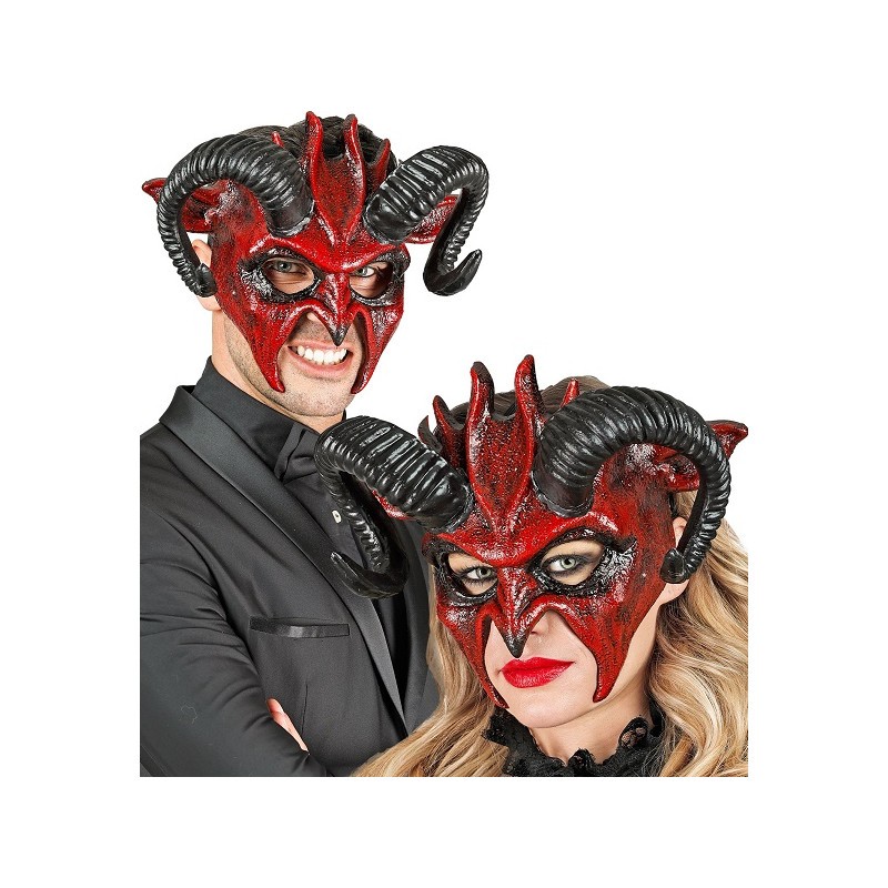 MASQUE COMMEDIA DELL'ARTE DIABLE ROUGE AVEC CORNES NOIRES