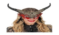 MASQUE DIABLE ROUGE AVEC CORNES NOIRES ET OR + PENDENTIFS