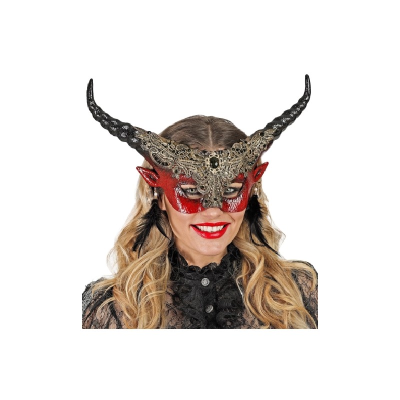 MASQUE  DIABLE ROUGE AVEC CORNES NOIRES ET OR + PENDENTIFS