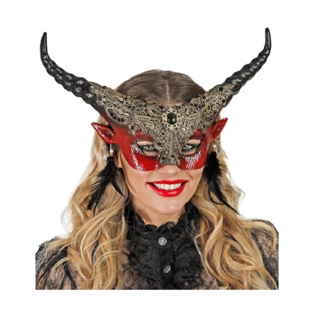 MASQUE  DIABLE ROUGE AVEC CORNES NOIRES ET OR + PENDENTIFS