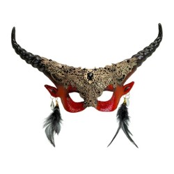 MASQUE  DIABLE ROUGE AVEC CORNES NOIRES ET OR + PENDENTIFS