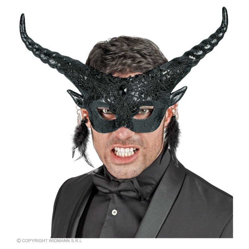 MASQUE  DIABLE NOIR AVEC CORNES NOIRES  + PENDENTIFS