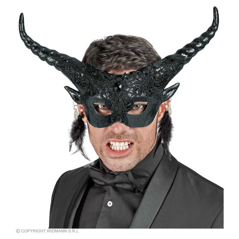 MASQUE DIABLE NOIR AVEC CORNES NOIRES + PENDENTIFS