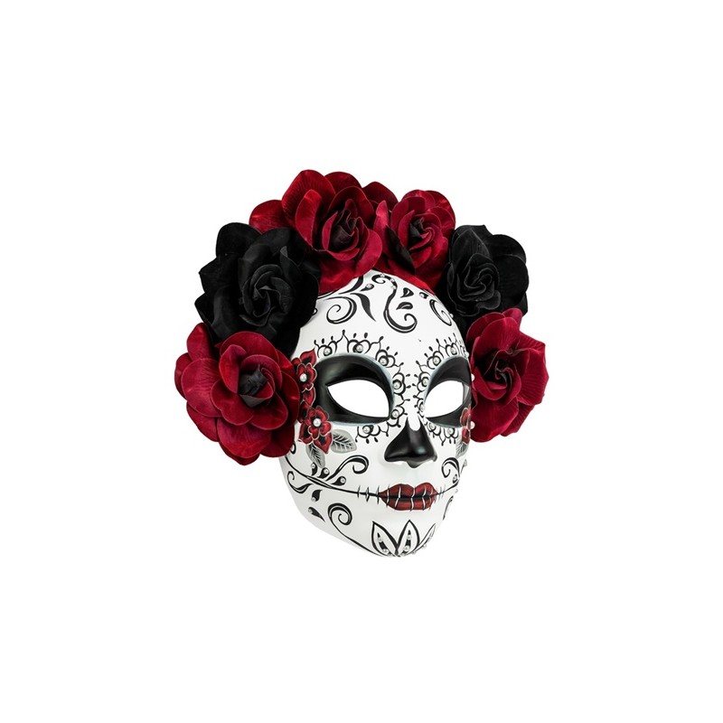 MASQUE DIA DE LOS MUERTOS FEMME AVEC ROSES NOIRES ET ROUGES