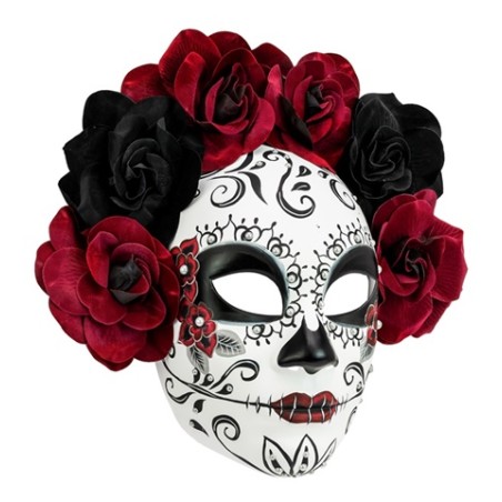 MASQUE DIA DE LOS MUERTOS FEMME AVEC ROSES NOIRES ET ROUGES