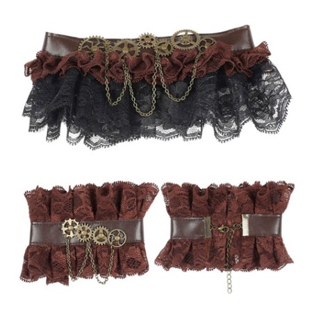 TOUR DE COU ET POGNET EN DENTELLE STEAMPUNK MARRON ET NOIR