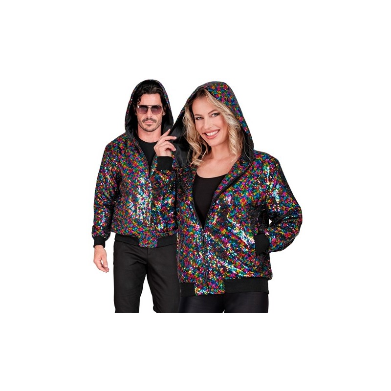 DEGUISEMENT BLOUSON BOMBER AVEC CAPUCHE SEQUIN MULTICOLORE  TAILLE S-M