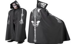 CAPE NOIRE A CAPUCHE IMPRESSION SQUELETTE 150 CM ADULTE HALLOWEEN