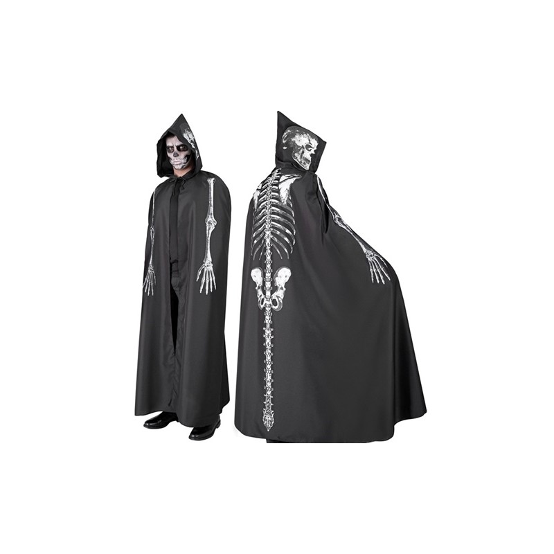 CAPE NOIRE A CAPUCHE IMPRESSION SQUELETTE  150 CM ADULTE HALLOWEEN