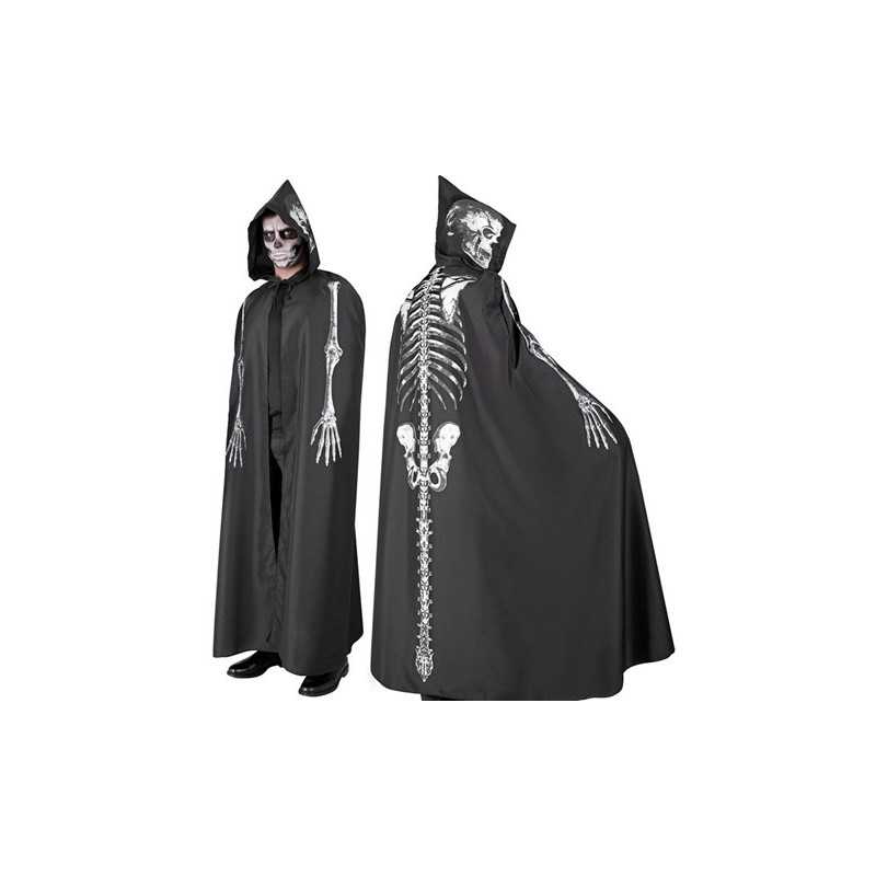 CAPE NOIRE A CAPUCHE IMPRESSION SQUELETTE 150 CM ADULTE HALLOWEEN