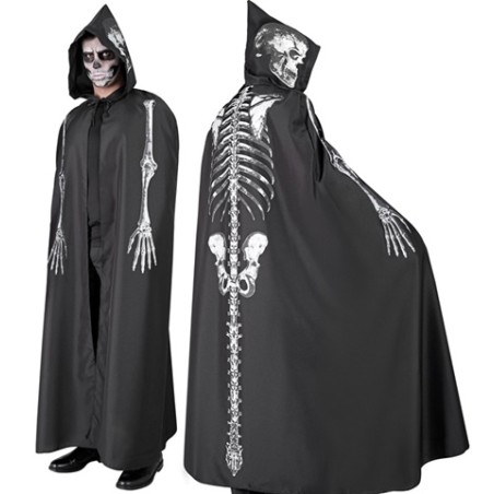 CAPE NOIRE A CAPUCHE IMPRESSION SQUELETTE  150 CM ADULTE HALLOWEEN