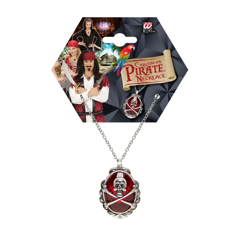 COLLIER PIERRE ROUGE AVEC TETE DE MORT 