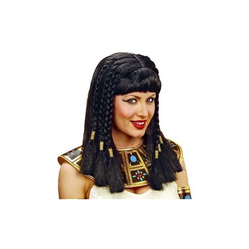 PERRUQUE LONGUE AVEC FRANCHE NOIRE ET TRESSES REINE DU NIL CLEOPATRE EN SACHET