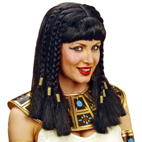 PERRUQUE LONGUE AVEC FRANCHE NOIRE ET TRESSES  REINE DU NIL CLEOPATRE EN SACHET